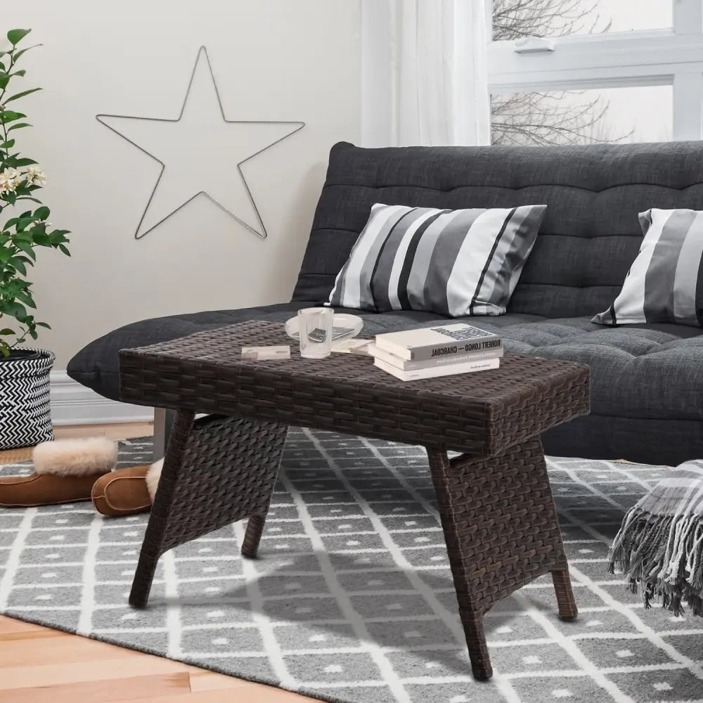 Folding PE Rattan Side Coffee Table Patio Garden Furniture-Brown - Brown - Patio Coffee Tables