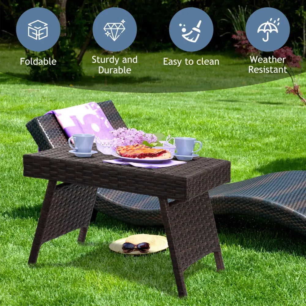 Folding PE Rattan Side Coffee Table Patio Garden Furniture-Brown - Brown - Patio Coffee Tables