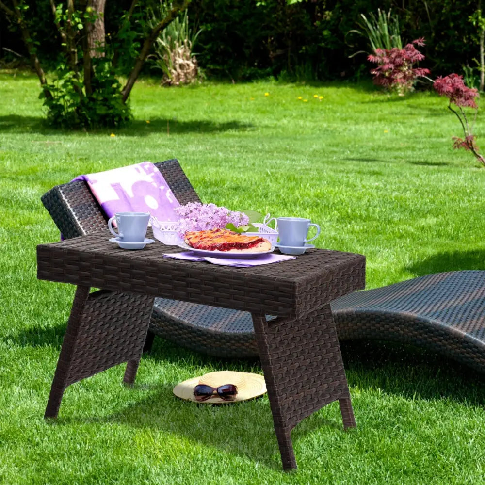Folding PE Rattan Side Coffee Table Patio Garden Furniture-Brown - Brown - Patio Coffee Tables