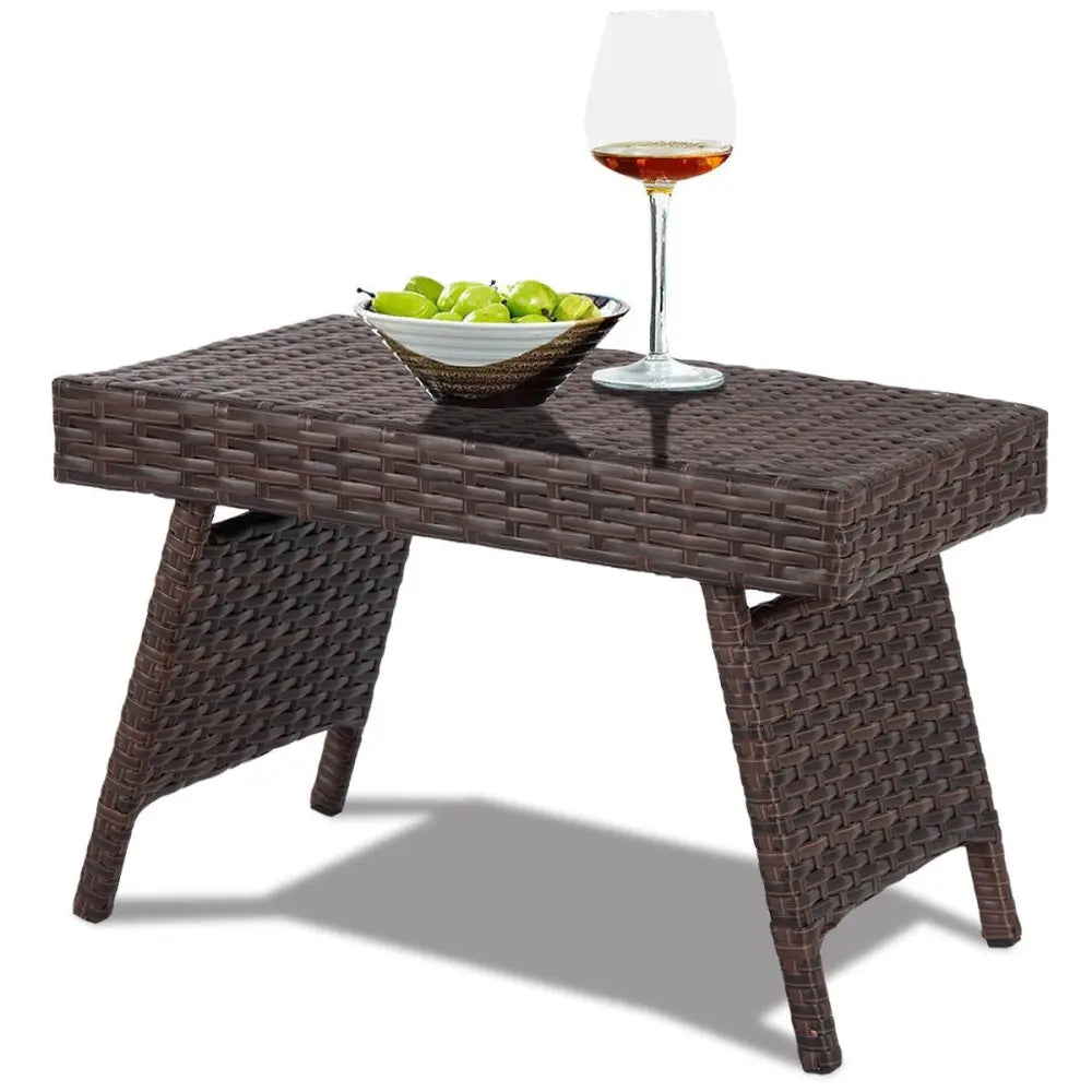 Folding PE Rattan Side Coffee Table Patio Garden Furniture-Brown - Brown - Patio Coffee Tables