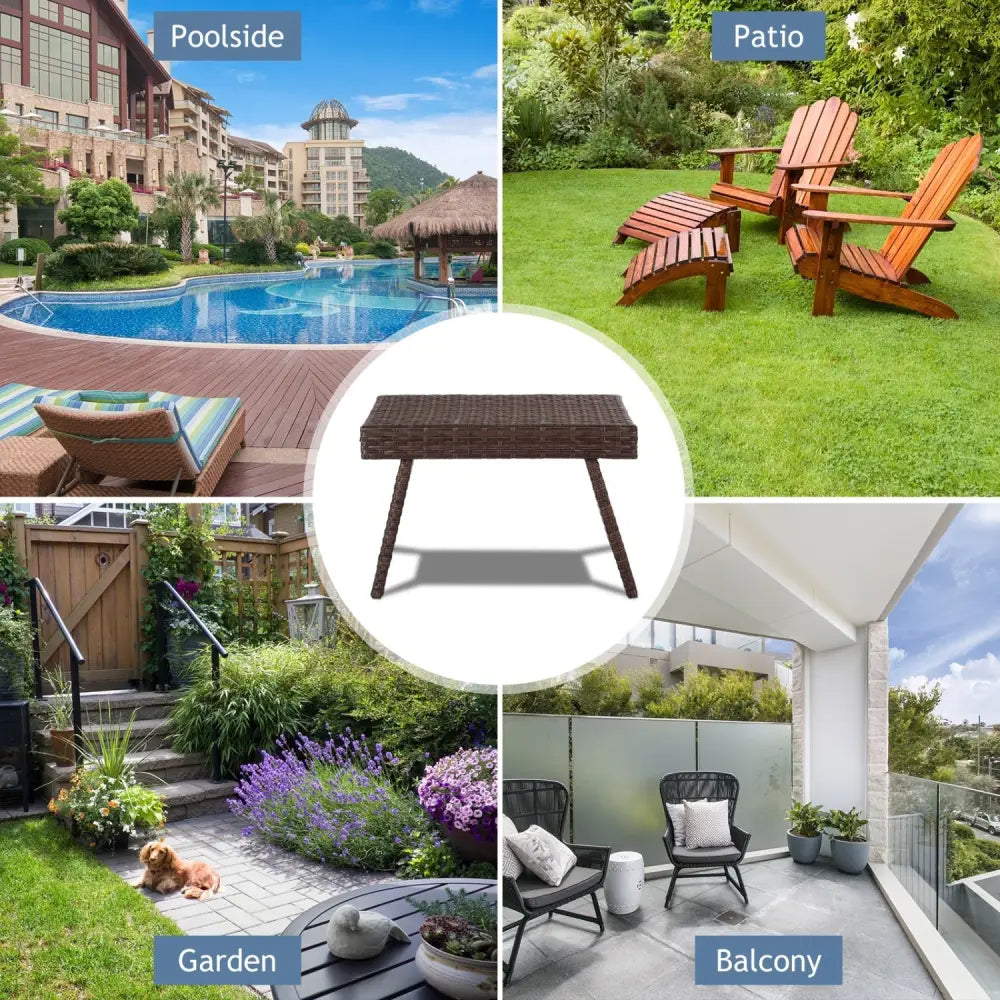 Folding PE Rattan Side Coffee Table Patio Garden Furniture-Brown - Brown - Patio Coffee Tables
