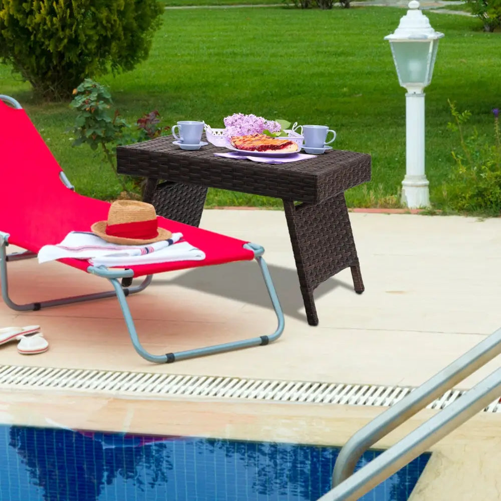 Folding PE Rattan Side Coffee Table Patio Garden Furniture-Brown - Brown - Patio Coffee Tables