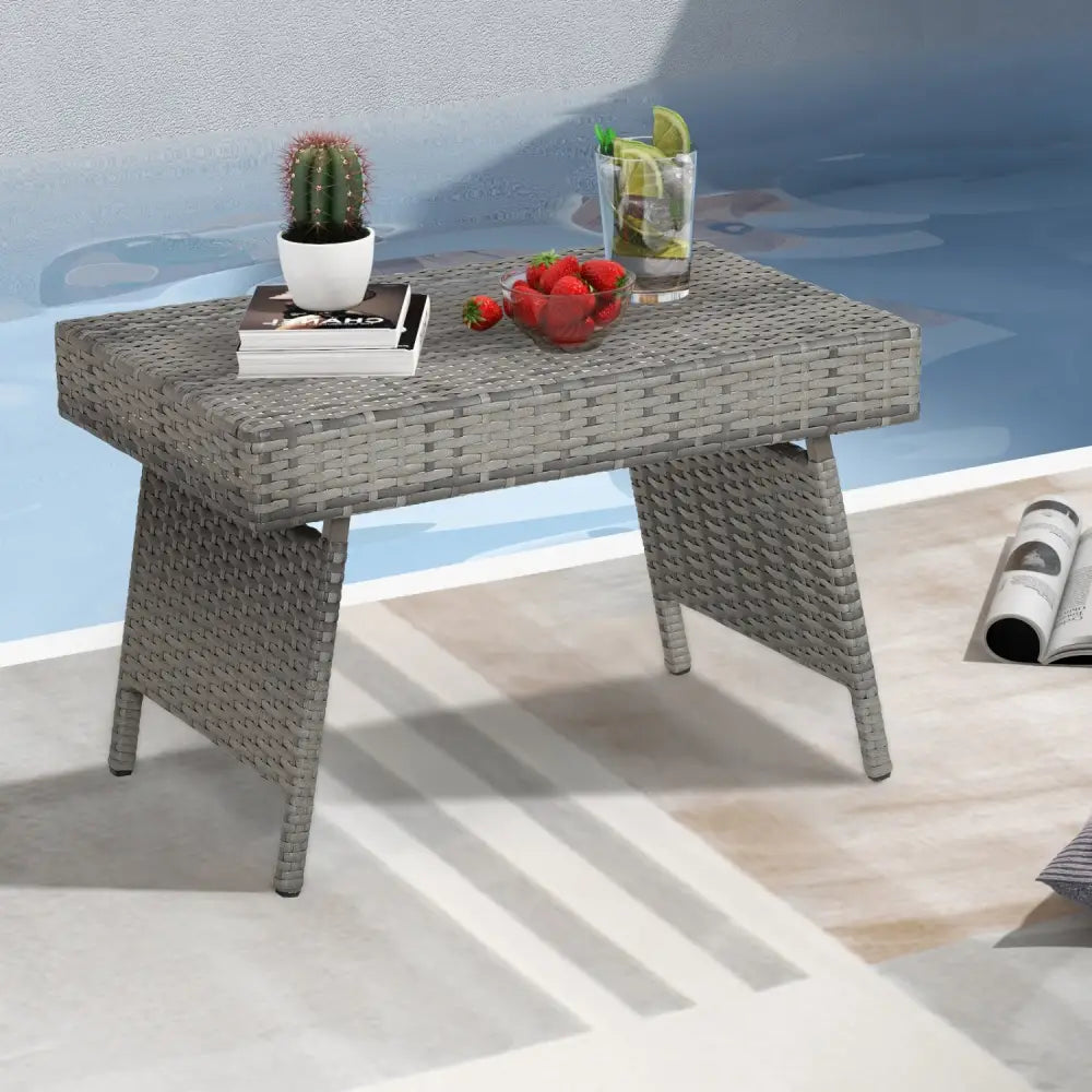 Folding PE Rattan Side Coffee Table Patio Garden Furniture-Gray - Gray - Patio Coffee Tables