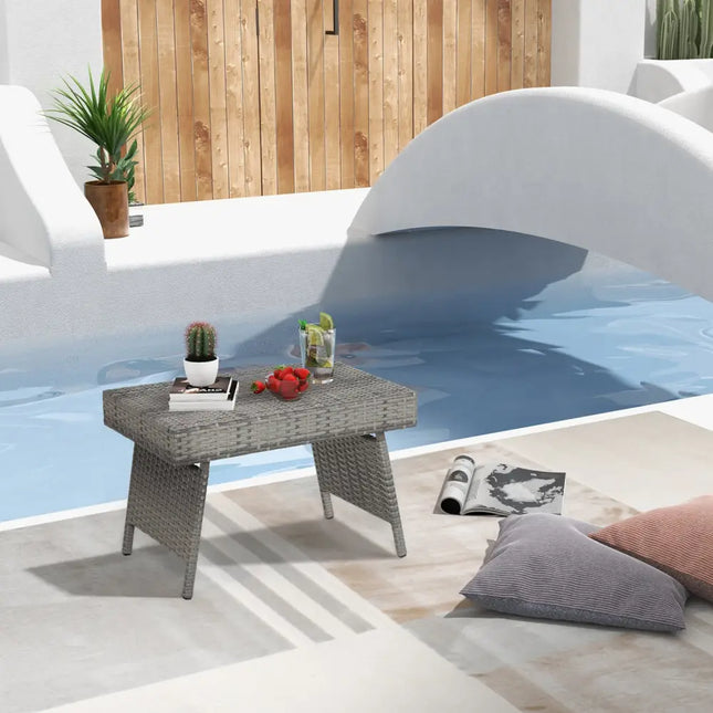 Folding PE Rattan Side Coffee Table Patio Garden Furniture-Gray - Gray - Patio Coffee Tables