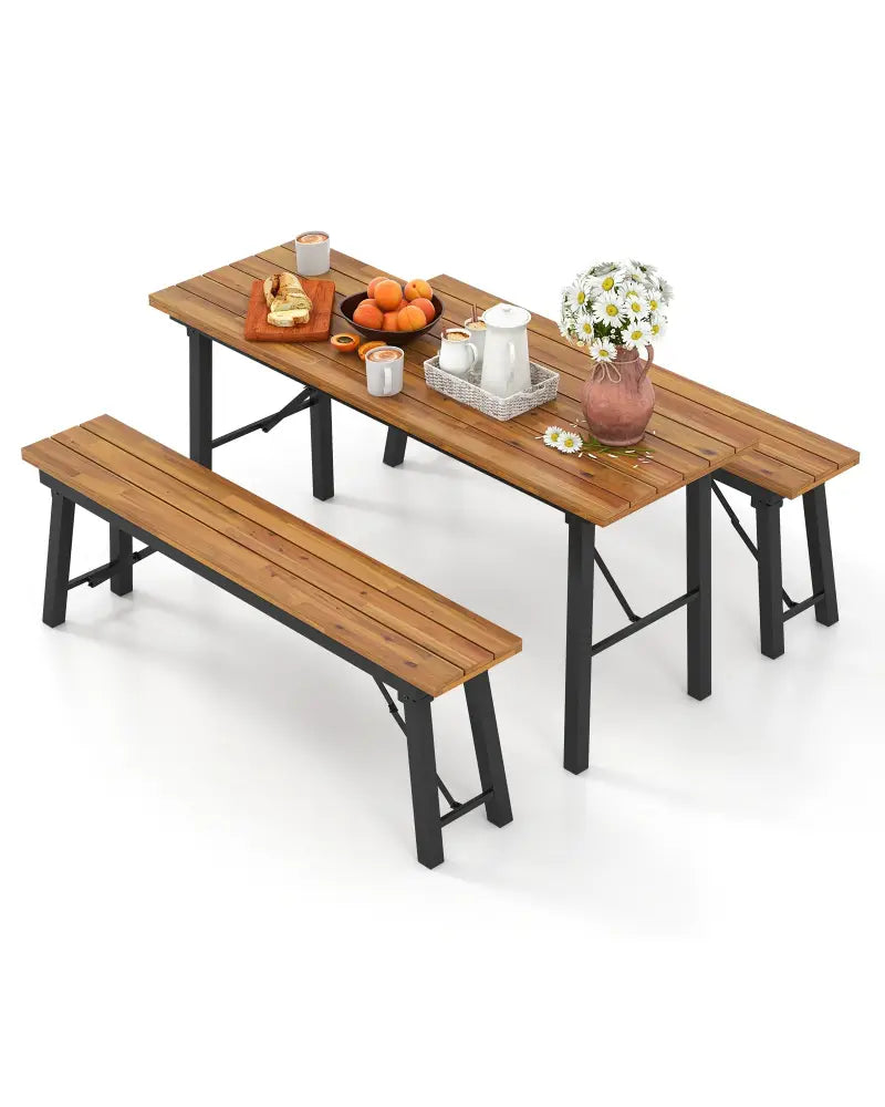 Folding Picnic Bench Set Rectangular Acacia Wood Dining Camping BBQ Benches - Outdoor Benches