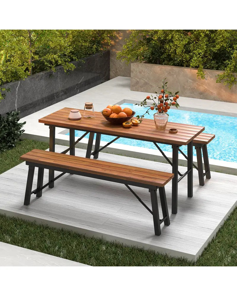 Folding Picnic Bench Set Rectangular Acacia Wood Dining Camping BBQ Benches - Outdoor Benches