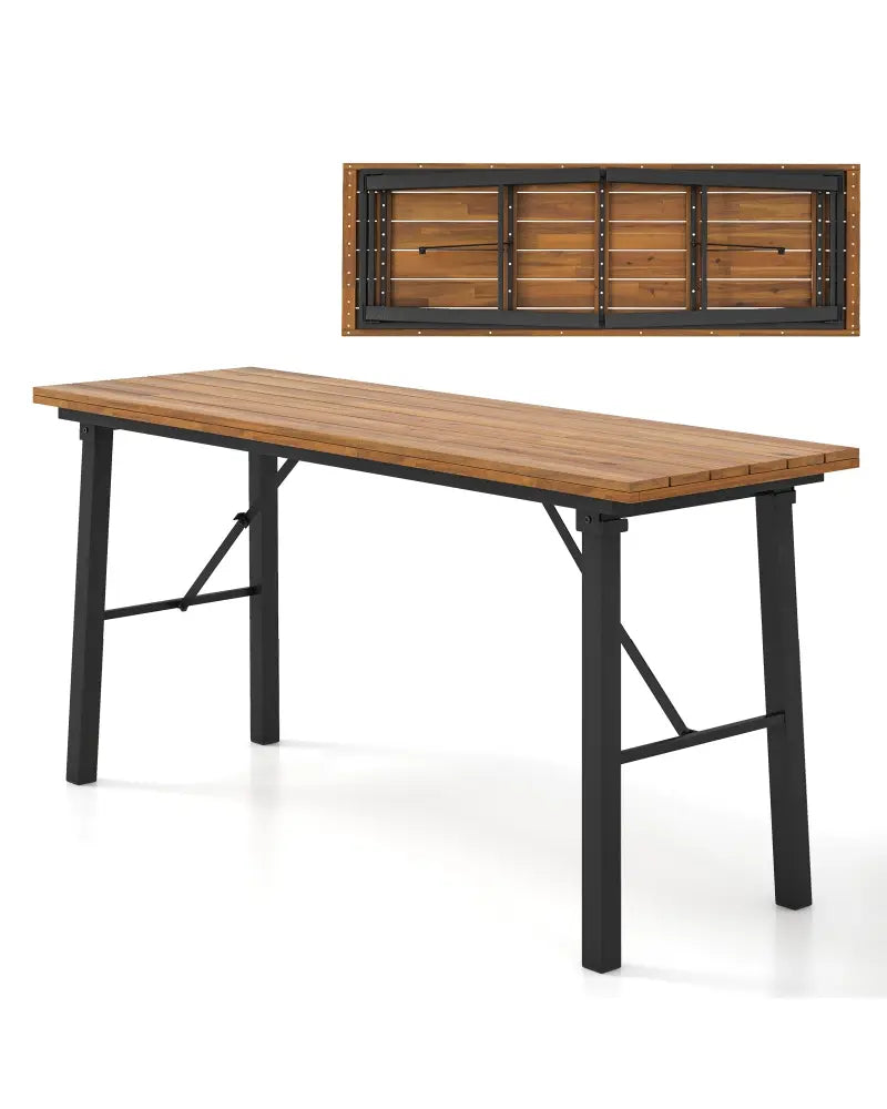 Folding Picnic Table Acacia Wood Dining Table with Metal Frame for Indoor Outdoor Activities - Picnic Tables