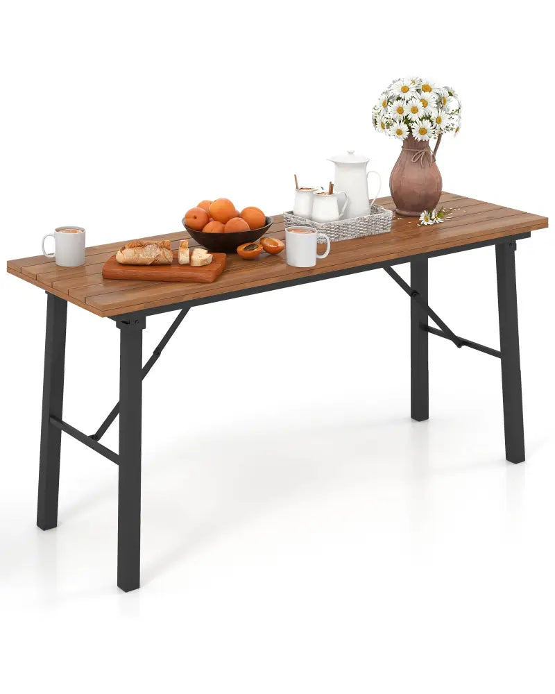 Folding Picnic Table Acacia Wood Dining Table with Metal Frame for Indoor Outdoor Activities - Picnic Tables