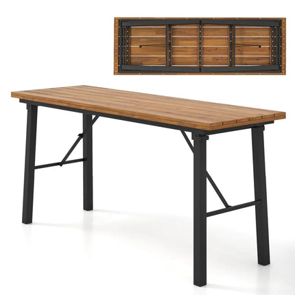 Folding Picnic Table Acacia Wood Dining Table with Metal Frame for Indoor Outdoor Activities - Picnic Tables
