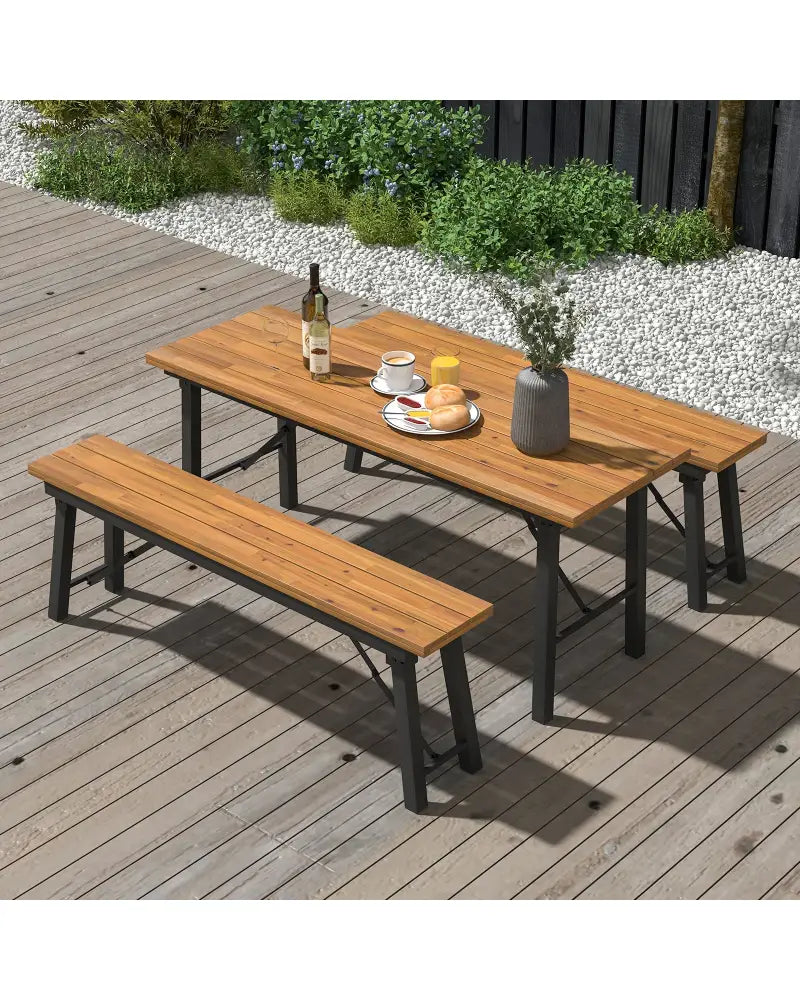 Folding Picnic Table Acacia Wood Dining Table with Metal Frame for Indoor Outdoor Activities - Picnic Tables