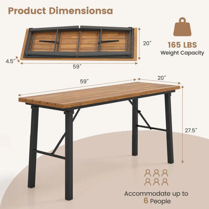 Folding Picnic Table Acacia Wood Dining Table with Metal Frame for Indoor Outdoor Activities - Picnic Tables