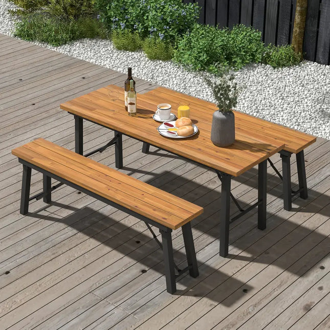 Folding Picnic Table Acacia Wood Dining Table with Metal Frame for Indoor Outdoor Activities - Picnic Tables
