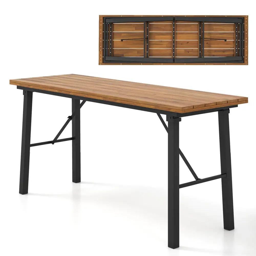 Folding Picnic Table Acacia Wood Dining Table with Metal Frame for Indoor Outdoor Activities - Picnic Tables