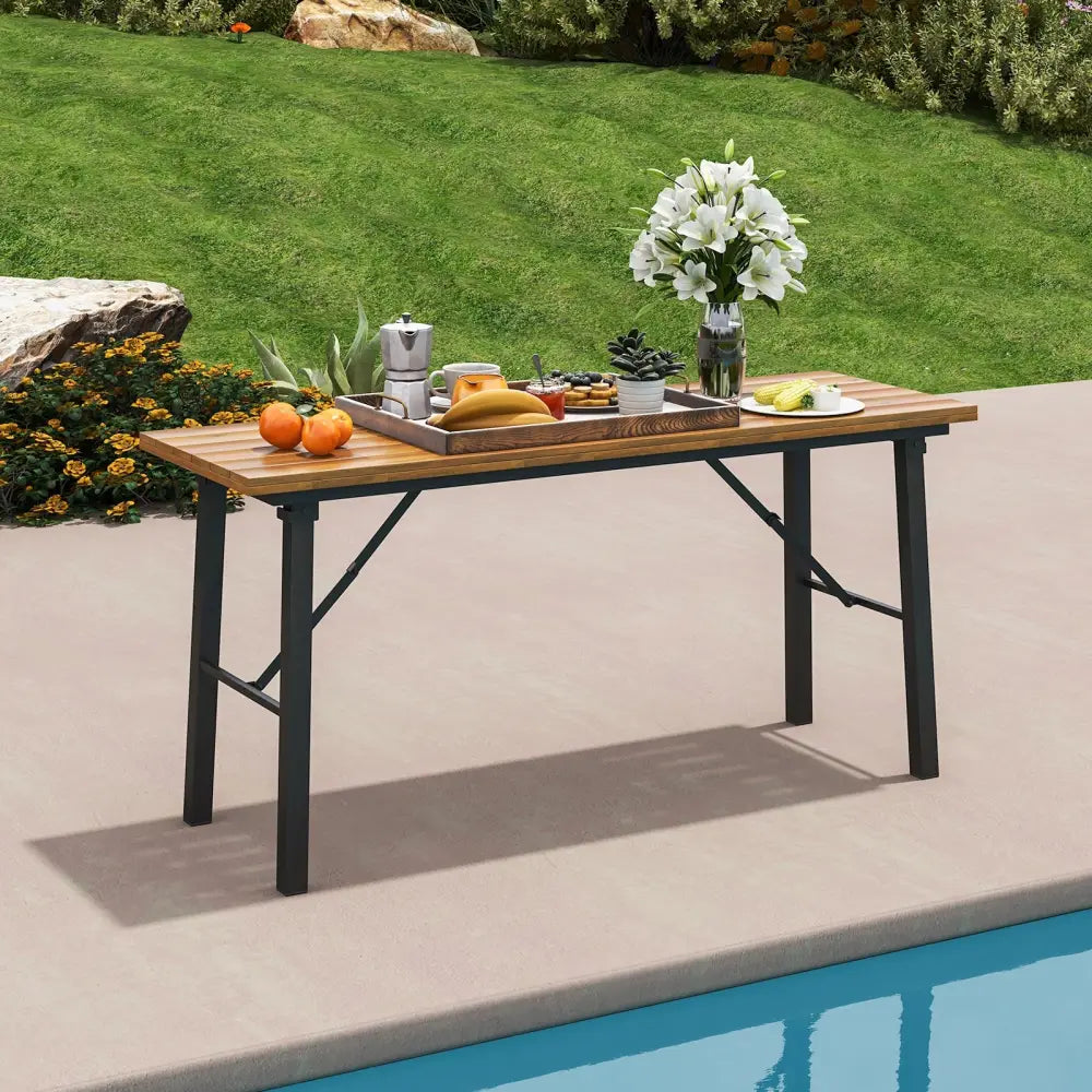 Folding Picnic Table Acacia Wood Dining Table with Metal Frame for Indoor Outdoor Activities - Picnic Tables