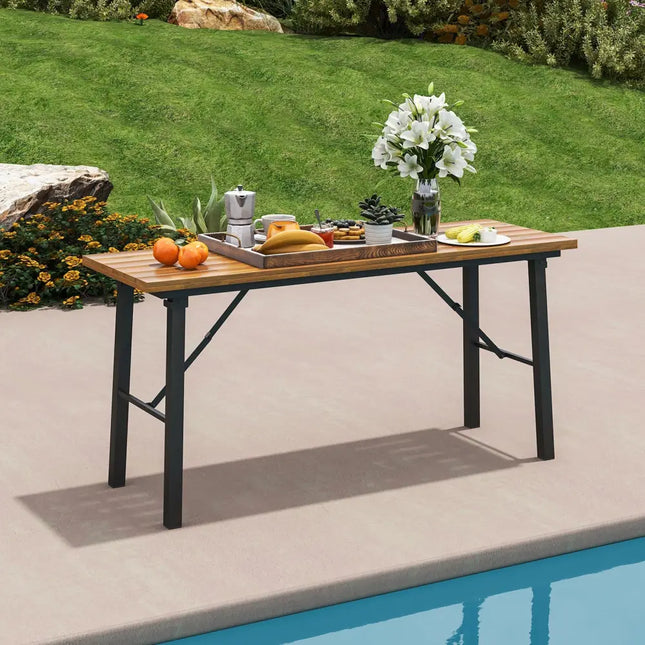 Folding Picnic Table Acacia Wood Dining Table with Metal Frame for Indoor Outdoor Activities - Picnic Tables
