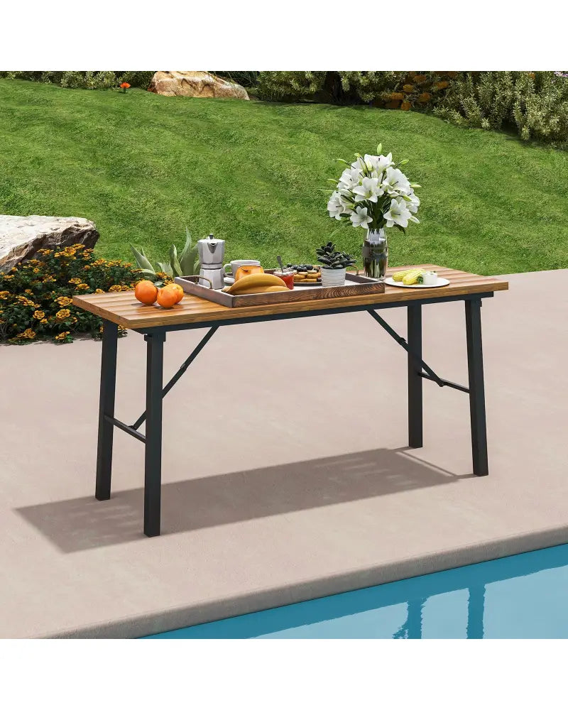 Folding Picnic Table Acacia Wood Dining Table with Metal Frame for Indoor Outdoor Activities - Picnic Tables