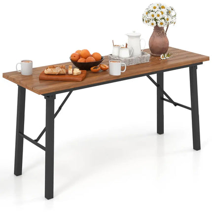 Folding Picnic Table Acacia Wood Dining Table with Metal Frame for Indoor Outdoor Activities - Picnic Tables