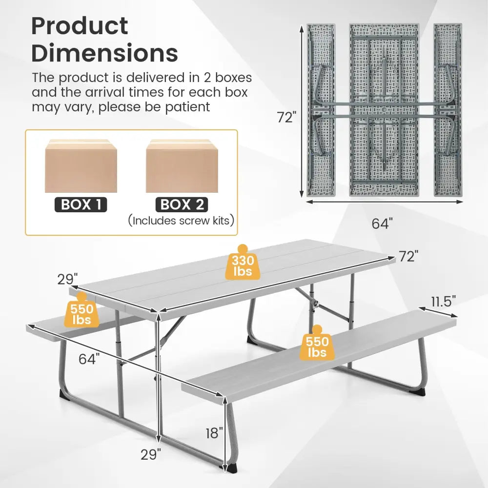 Folding Picnic Table Set with Metal Frame and All-Weather HDPE Tabletop Umbrella Hole-Gray - Gray - Picnic Tables