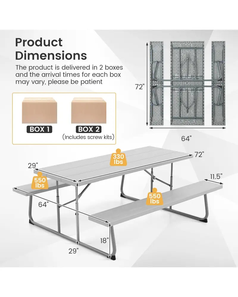 Folding Picnic Table Set with Metal Frame and All-Weather HDPE Tabletop Umbrella Hole-Gray - Gray - Picnic Tables