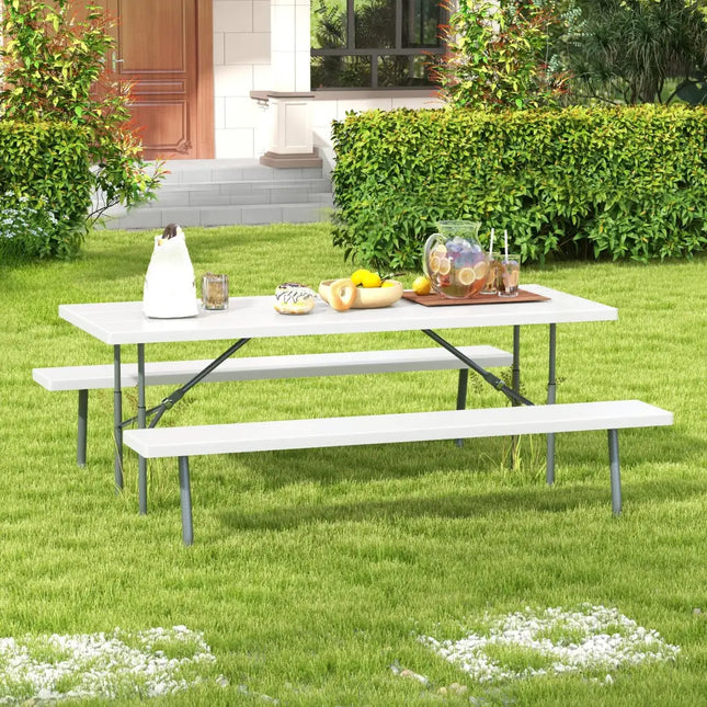 Folding Picnic Table Set with Metal Frame and All-Weather HDPE Tabletop Umbrella Hole-White - White - Picnic Tables