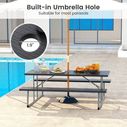Folding Picnic Table Set with Metal Frame and All-Weather HDPE Tabletop Umbrella Hole-Black - Black - Picnic Tables
