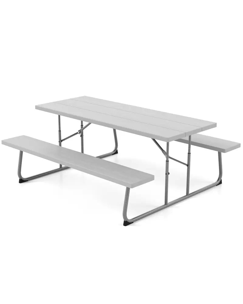 Folding Picnic Table Set with Metal Frame and All-Weather HDPE Tabletop Umbrella Hole-Gray - Gray - Picnic Tables
