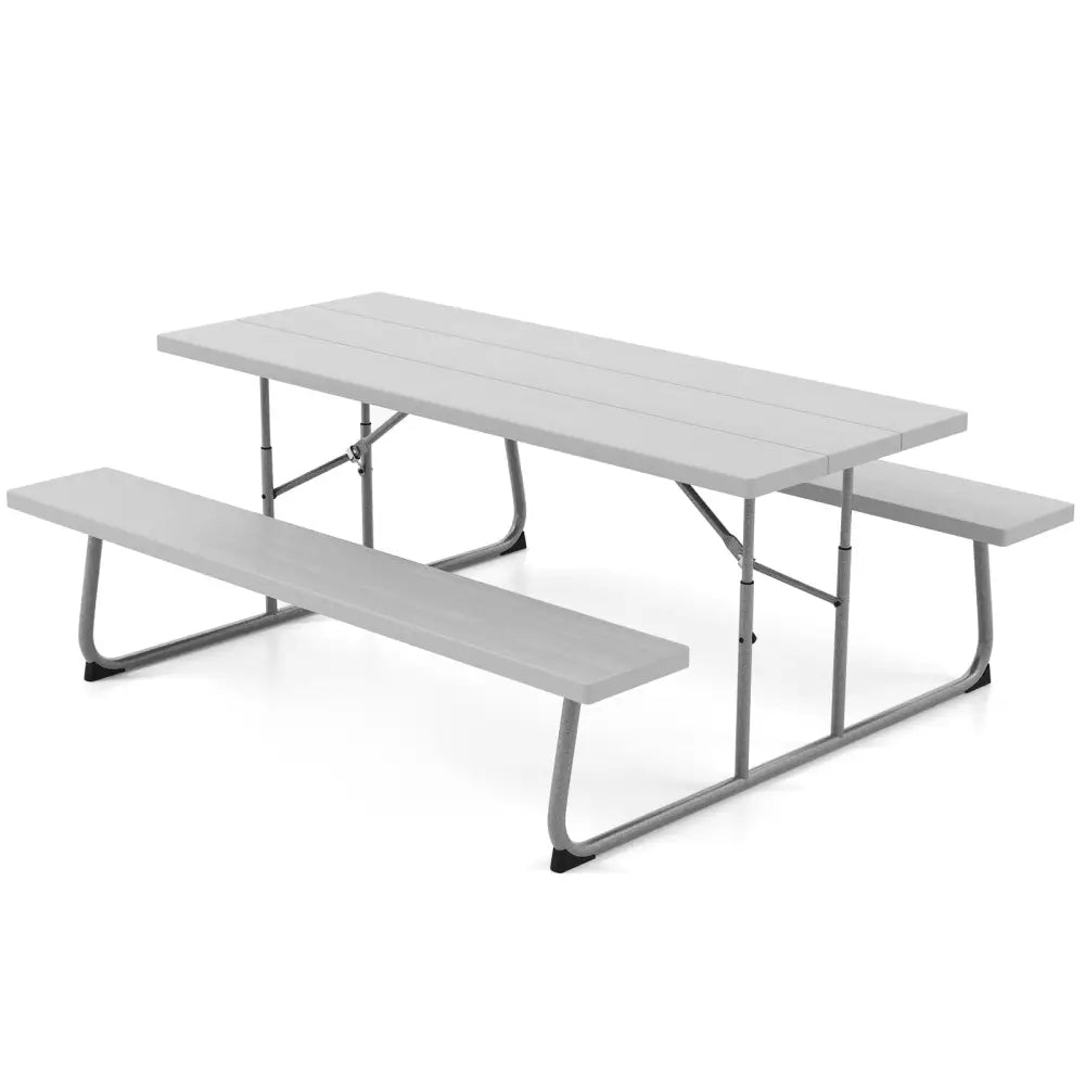 Folding Picnic Table Set with Metal Frame and All-Weather HDPE Tabletop Umbrella Hole-Gray - Gray - Picnic Tables