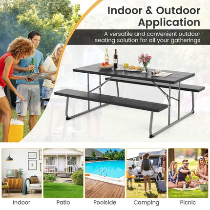 Folding Picnic Table Set with Metal Frame and All-Weather HDPE Tabletop Umbrella Hole-Black - Black - Picnic Tables