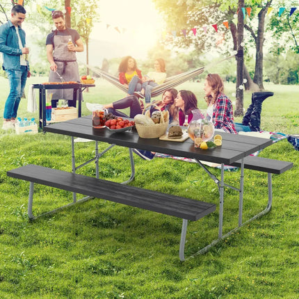 Folding Picnic Table Set with Metal Frame and All-Weather HDPE Tabletop Umbrella Hole-Black - Black - Picnic Tables