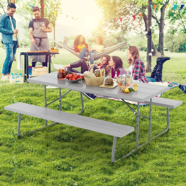 Folding Picnic Table Set with Metal Frame and All-Weather HDPE Tabletop Umbrella Hole-Gray - Gray - Picnic Tables
