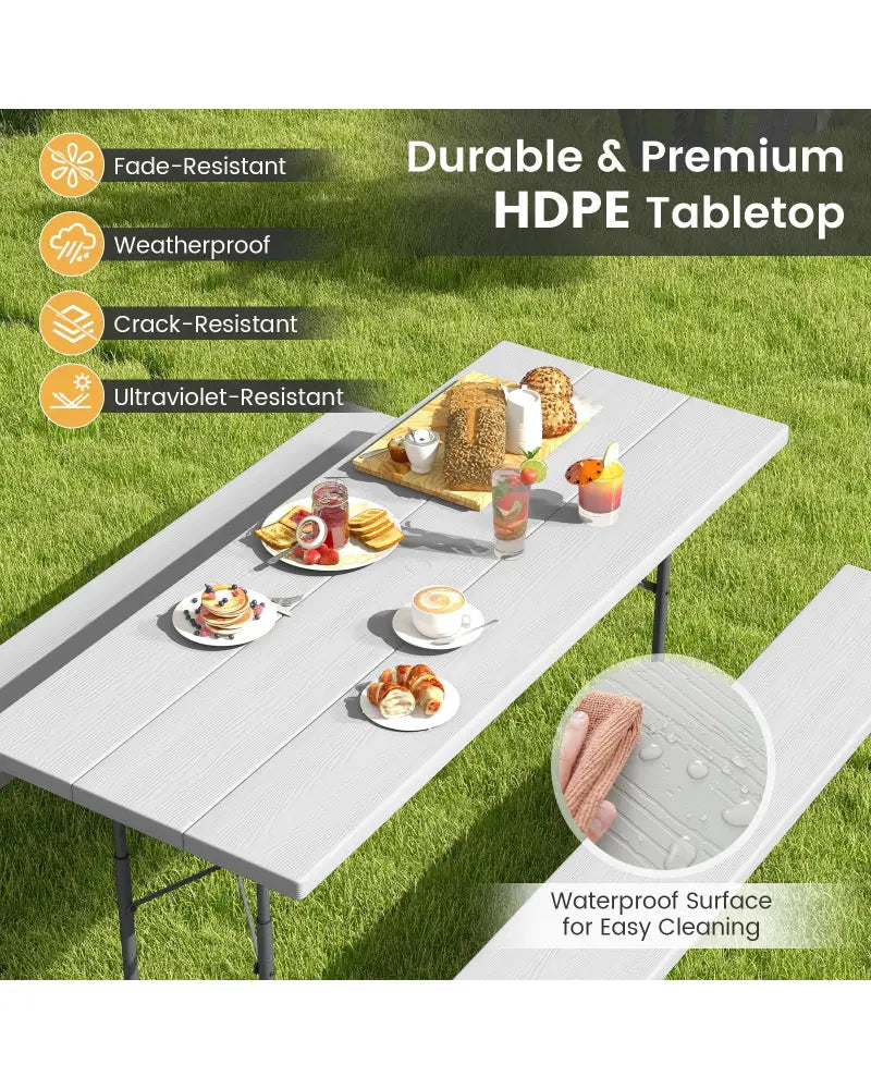 Folding Picnic Table Set with Metal Frame and All-Weather HDPE Tabletop Umbrella Hole-Gray - Gray - Picnic Tables