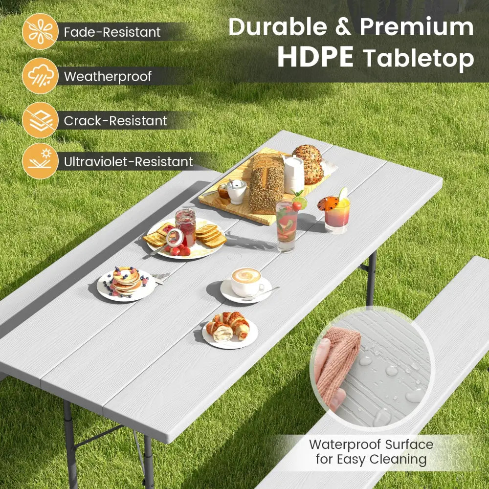 Folding Picnic Table Set with Metal Frame and All-Weather HDPE Tabletop Umbrella Hole-Gray - Gray - Picnic Tables
