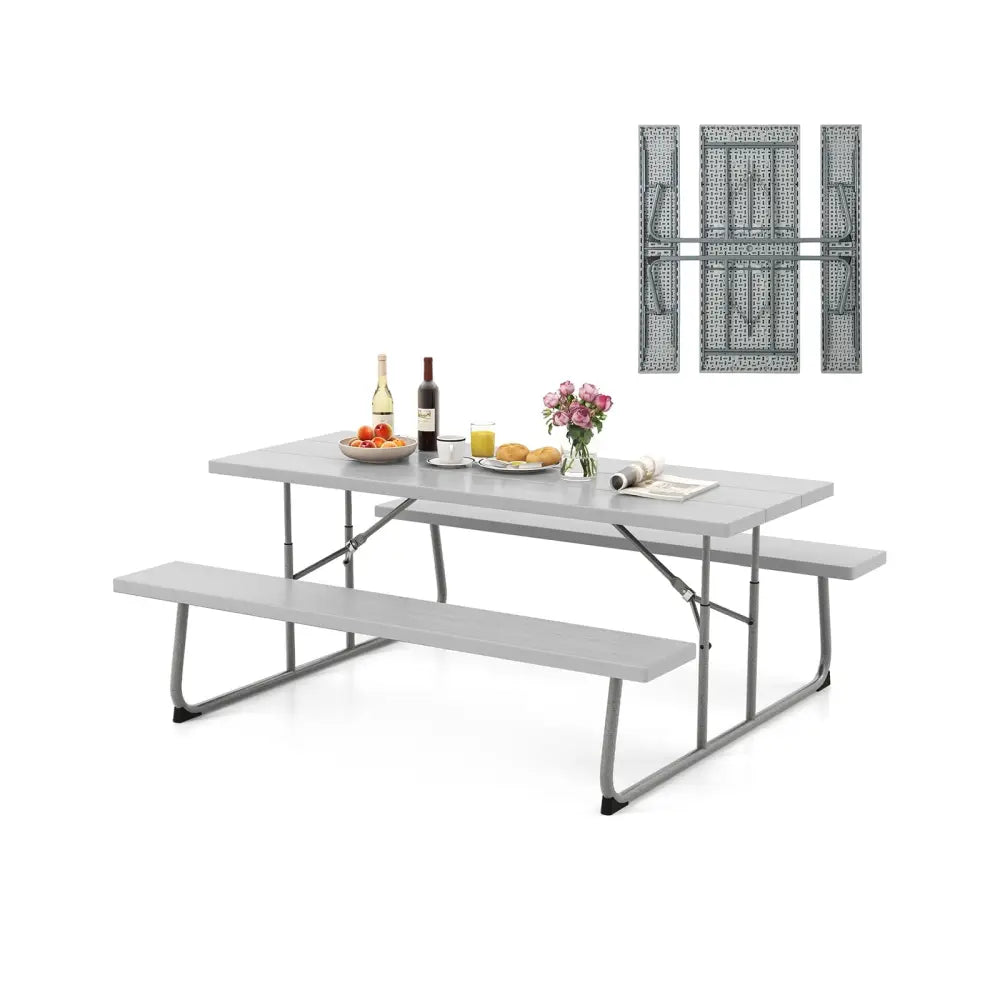 Folding Picnic Table Set with Metal Frame and All-Weather HDPE Tabletop Umbrella Hole-Gray - Gray - Picnic Tables
