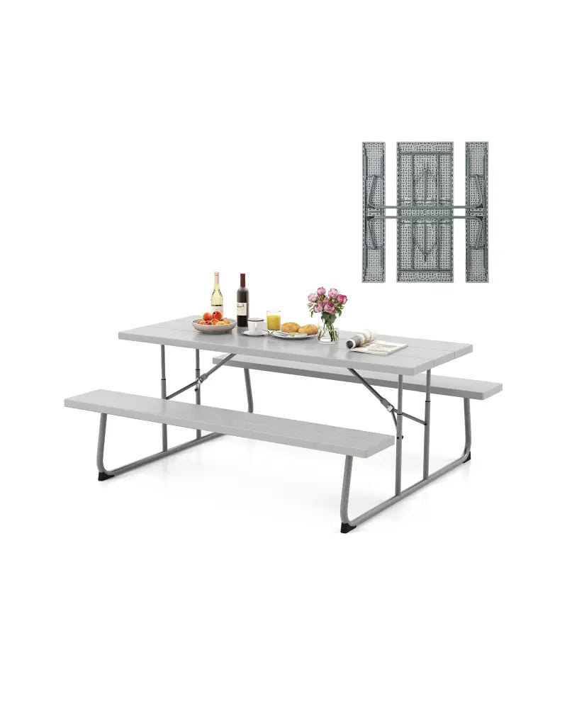 Folding Picnic Table Set with Metal Frame and All-Weather HDPE Tabletop Umbrella Hole-Gray - Gray - Picnic Tables