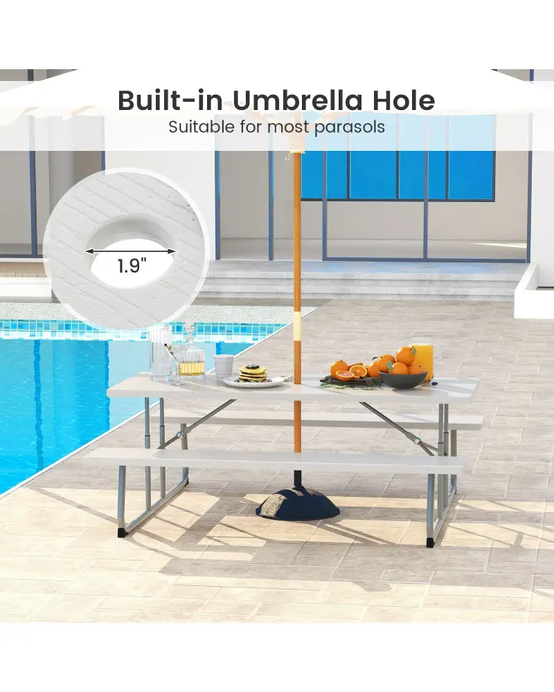 Folding Picnic Table Set with Metal Frame and All-Weather HDPE Tabletop Umbrella Hole-Gray - Gray - Picnic Tables