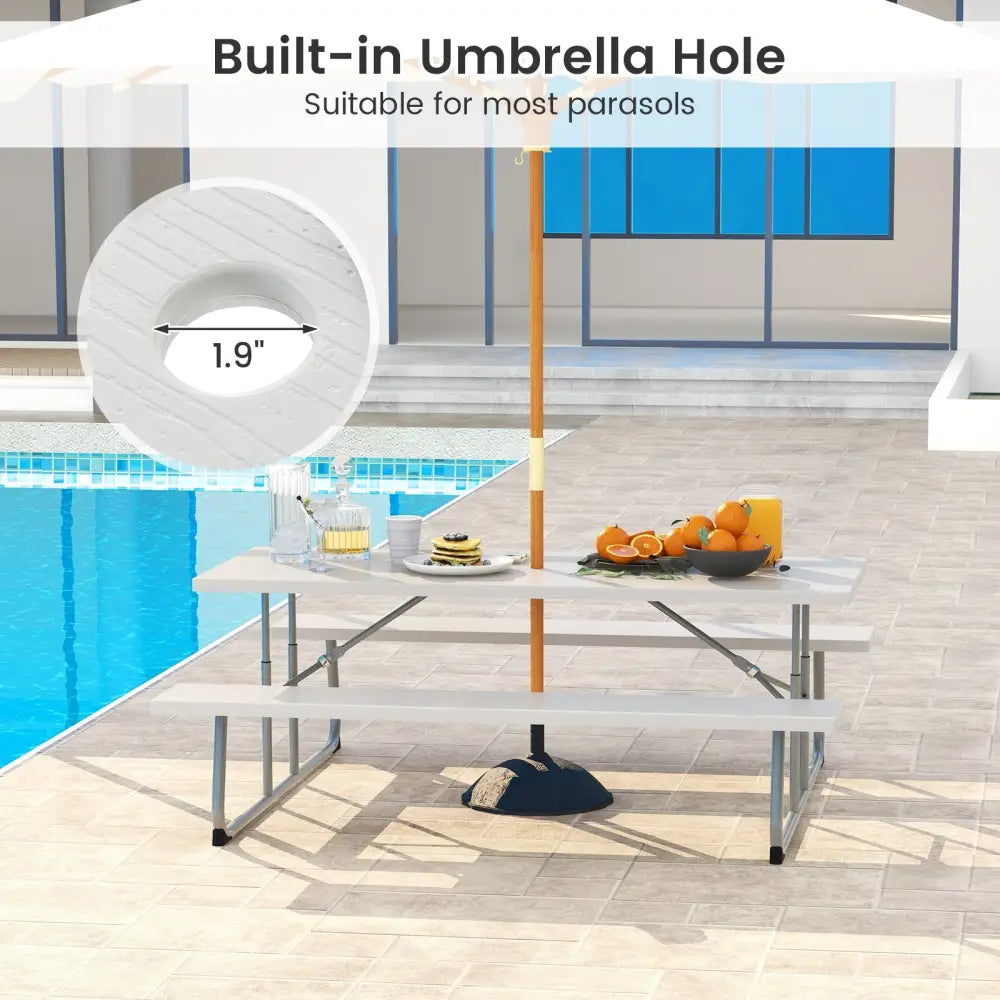 Folding Picnic Table Set with Metal Frame and All-Weather HDPE Tabletop Umbrella Hole-Gray - Gray - Picnic Tables