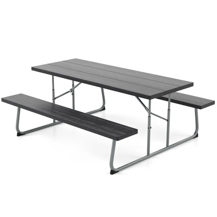 Folding Picnic Table Set with Metal Frame and All-Weather HDPE Tabletop Umbrella Hole-Black - Black - Picnic Tables