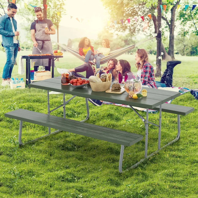 Folding Picnic Table Set with Metal Frame and All-Weather HDPE Tabletop Umbrella Hole-Green - Green - Picnic Tables