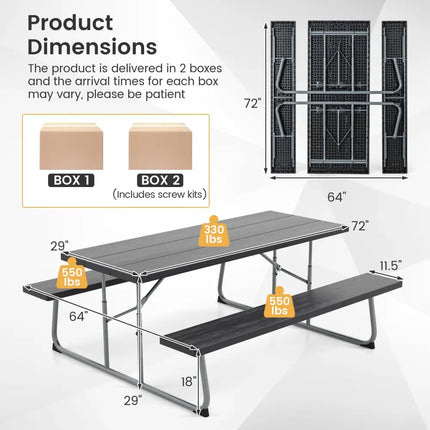 Folding Picnic Table Set with Metal Frame and All-Weather HDPE Tabletop Umbrella Hole-Black - Black - Picnic Tables
