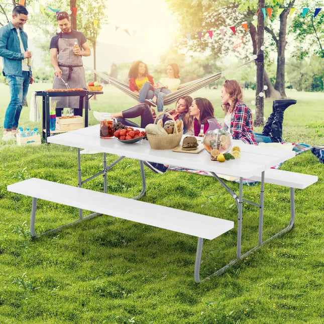 Folding Picnic Table Set with Metal Frame and All-Weather HDPE Tabletop Umbrella Hole-White - White - Picnic Tables