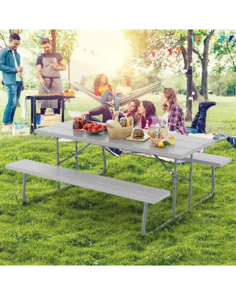 Folding Picnic Table Set with Metal Frame and All-Weather HDPE Tabletop Umbrella Hole-Gray - Gray - Picnic Tables