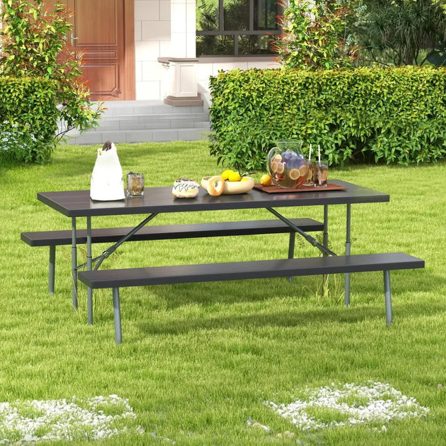 Folding Picnic Table Set with Metal Frame and All-Weather HDPE Tabletop Umbrella Hole-Black - Black - Picnic Tables