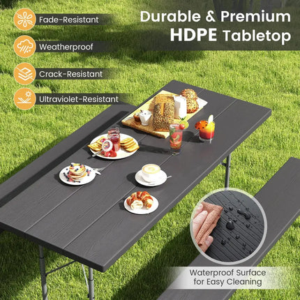 Folding Picnic Table Set with Metal Frame and All-Weather HDPE Tabletop Umbrella Hole-Black - Black - Picnic Tables