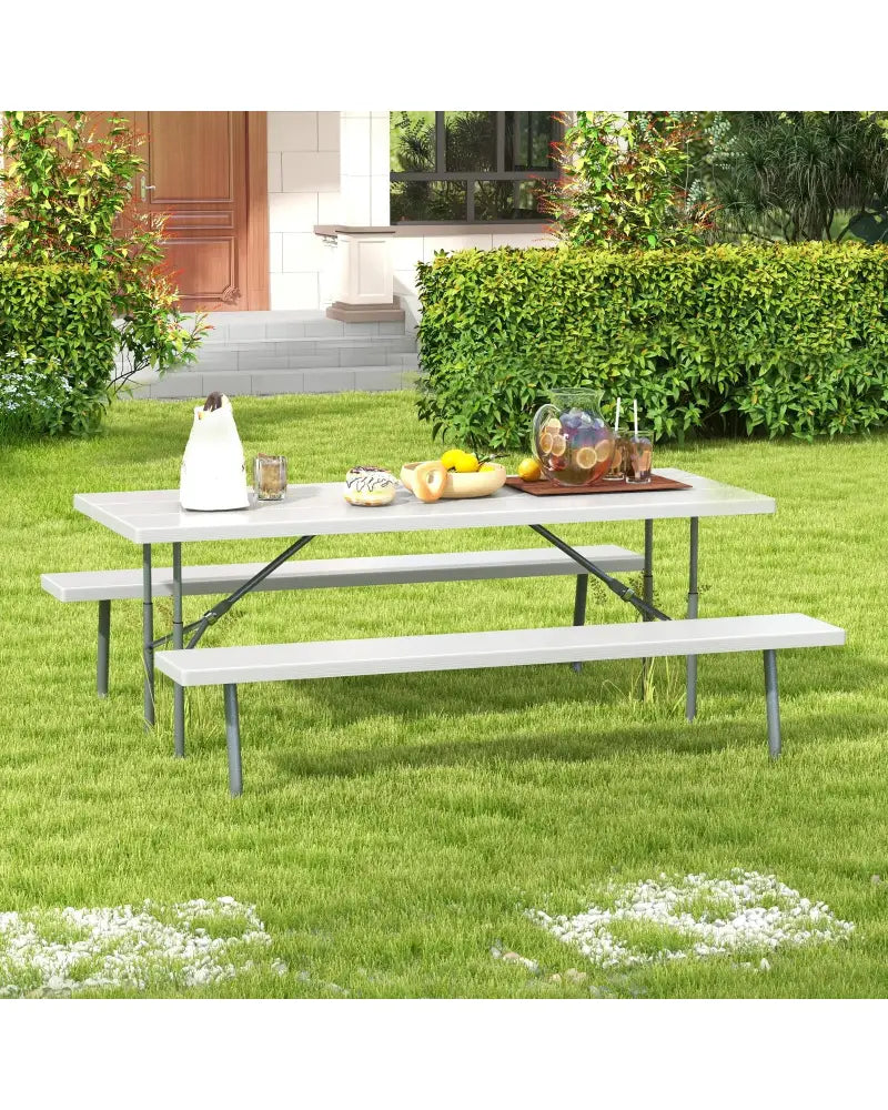 Folding Picnic Table Set with Metal Frame and All-Weather HDPE Tabletop Umbrella Hole-Gray - Gray - Picnic Tables
