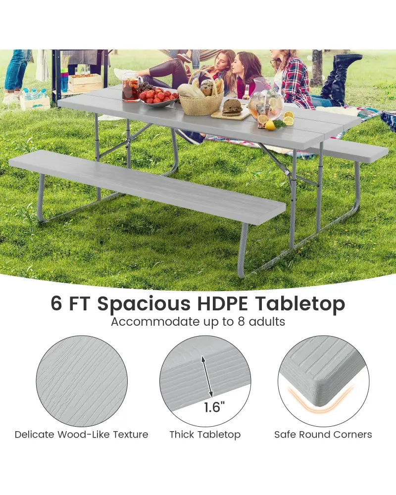 Folding Picnic Table Set with Metal Frame and All-Weather HDPE Tabletop Umbrella Hole-Gray - Gray - Picnic Tables