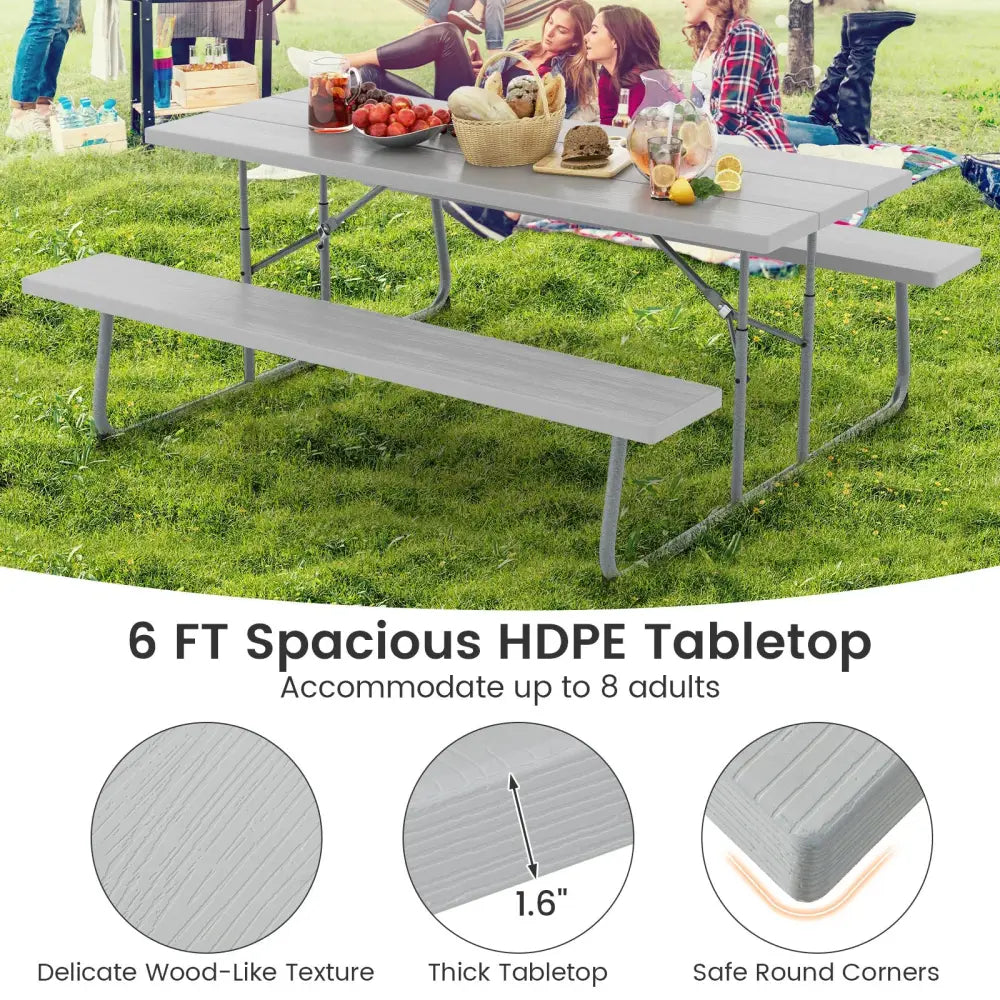 Folding Picnic Table Set with Metal Frame and All-Weather HDPE Tabletop Umbrella Hole-Gray - Gray - Picnic Tables