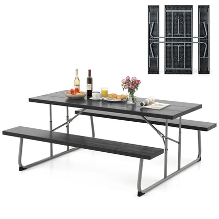 Folding Picnic Table Set with Metal Frame and All-Weather HDPE Tabletop Umbrella Hole-Black - Black - Picnic Tables