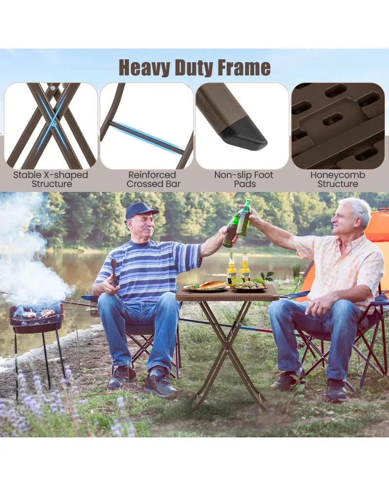Folding Picnic Table with Rattan Grain HDPE Tabletop and Sturdy Metal Fame-Coffee - Coffee - Patio Dining Tables