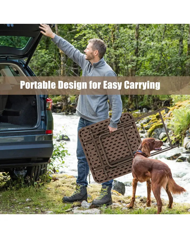 Folding Picnic Table with Rattan Grain HDPE Tabletop and Sturdy Metal Fame-Coffee - Coffee - Patio Dining Tables