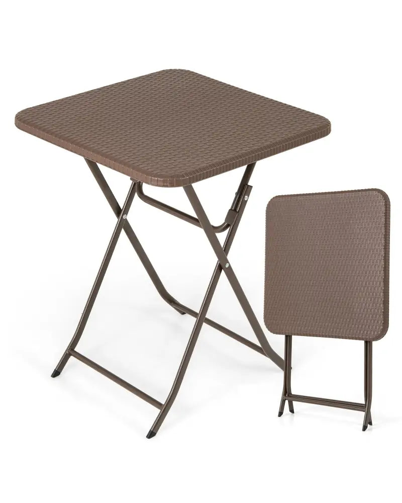 Folding Picnic Table with Rattan Grain HDPE Tabletop and Sturdy Metal Fame-Coffee - Coffee - Patio Dining Tables